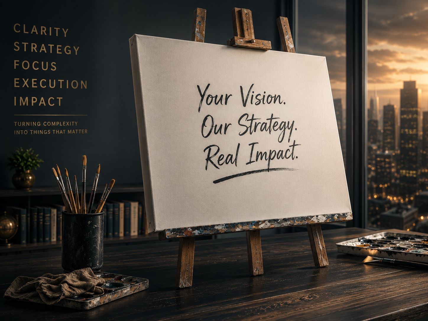 An artist's easel holding a canvas that reads 'Your Vision. Our Strategy. Real Impact.'