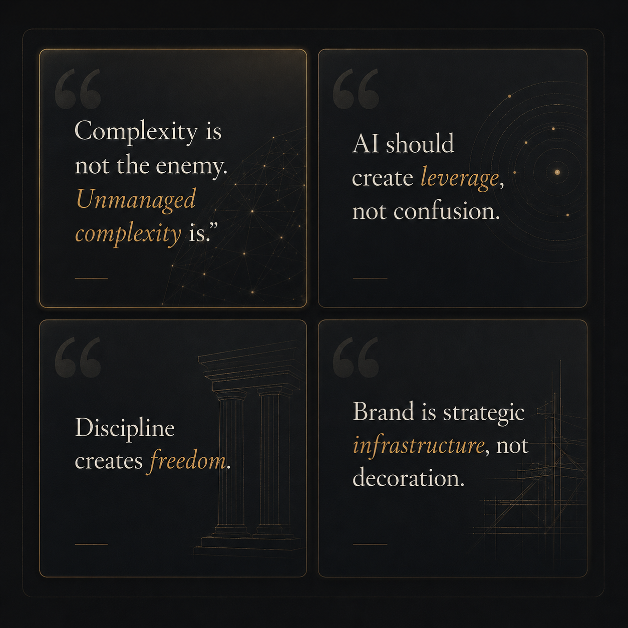 Four guiding quotes: Complexity is not the enemy, unmanaged complexity is. AI should create leverage, not confusion. Discipline creates freedom. Brand is strategic infrastructure, not decoration.