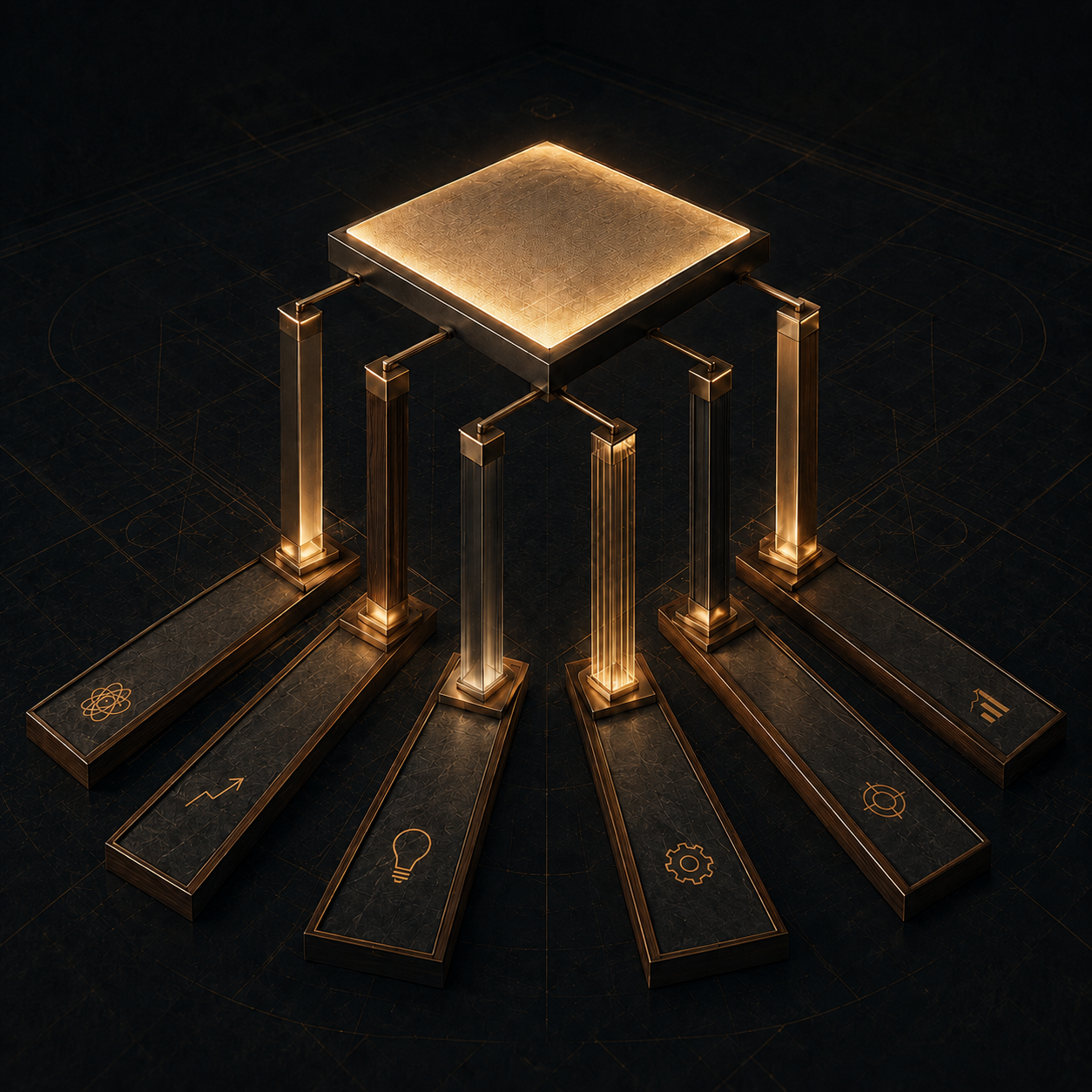 An illustration of six illuminated pillars supporting a single glowing platform, each engraved with an icon representing one of the six pillars of practice
