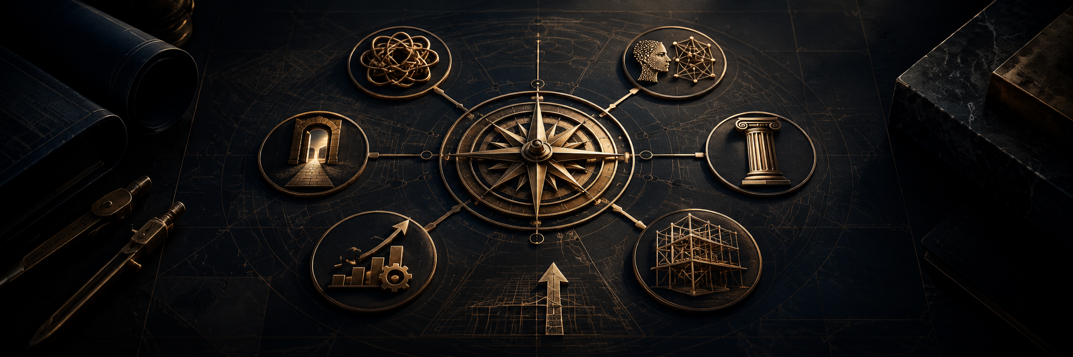 A compass at the center of six linked medallions, each engraved with an icon representing one of the core convictions: complexity, AI and judgment, discipline, brand, growth, and systems
